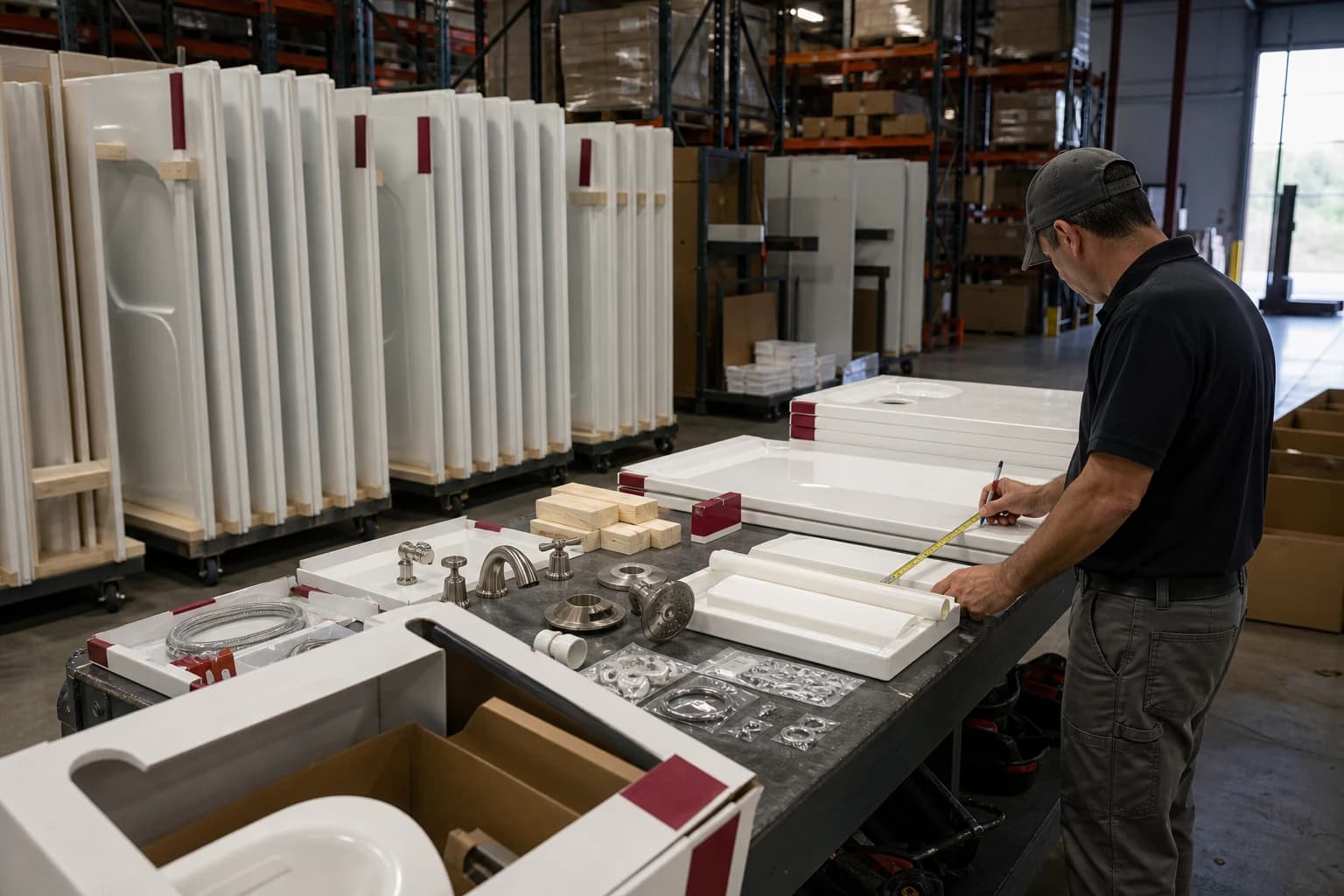 Representative technician preparing organized installation materials off-site